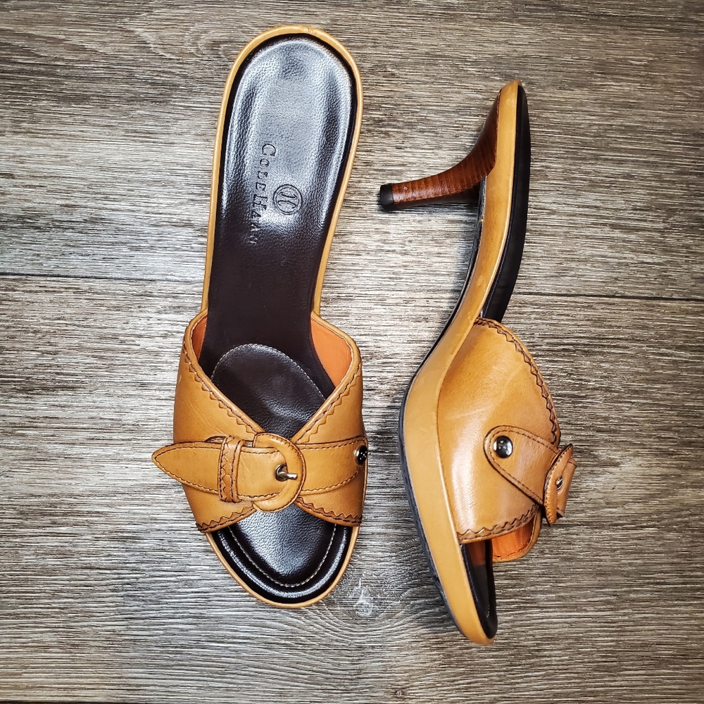 COLE HAAN Brown Leather Opened Toe Heeled Mules with Buckle